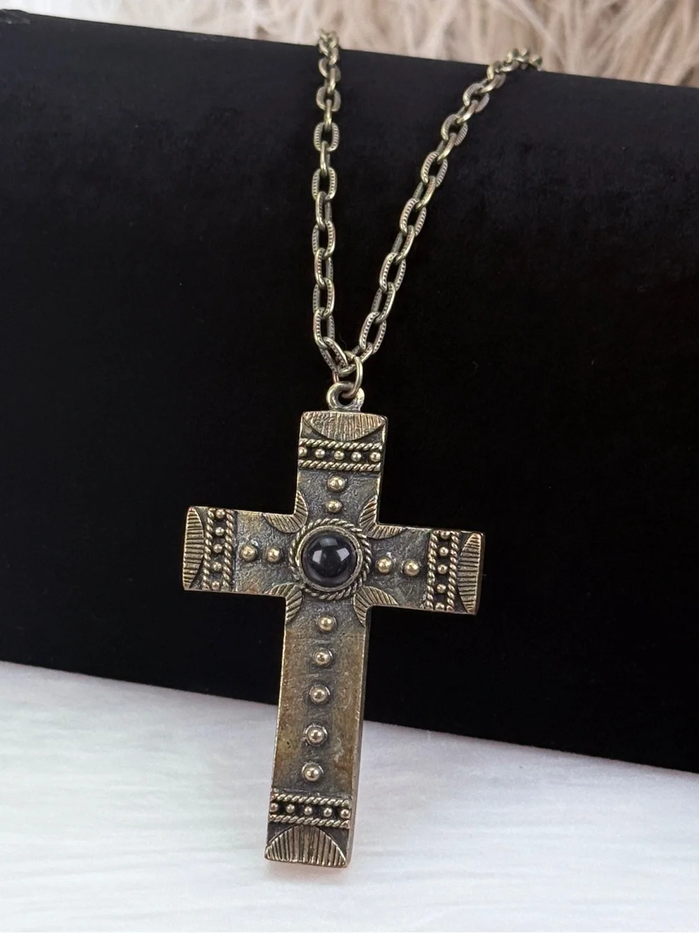 Pretty bronze, brass tone, cross pendant, necklace, costume